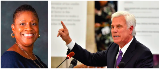 on the left, black woman with short hair smiling and on the right, a caucasian man holding up his right hand while speaking into a microphone